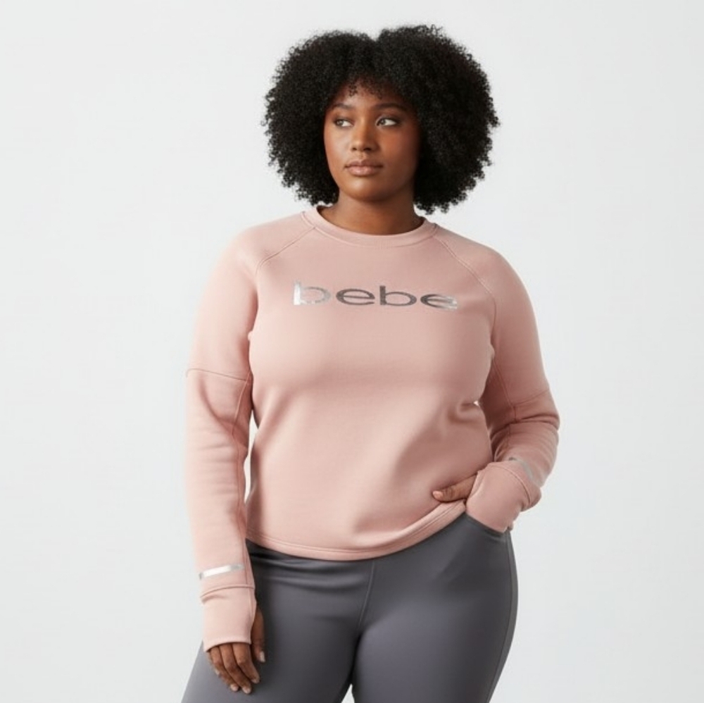 Bebe Logo Blush Pink Silver Tone Scuba Long Sleeve Shirt Women's Size 3X